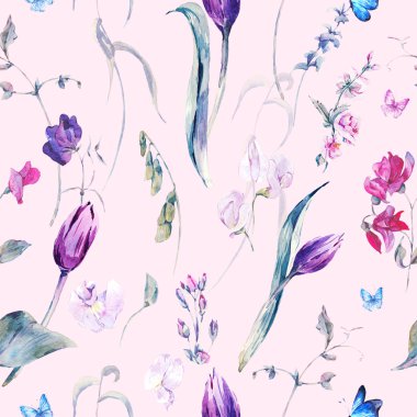 Watercolor Seamless Background with Sweet Peas, Tulips