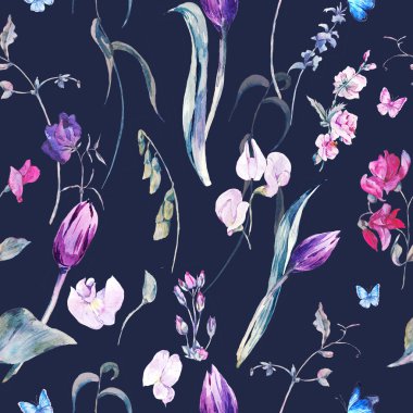 Watercolor Seamless Background with Sweet Peas, Tulips