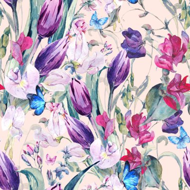 Watercolor Seamless Background with Sweet Peas, Tulips