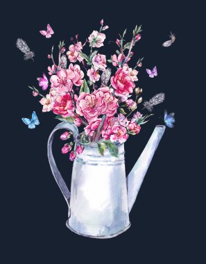 Vintage bouquet with pink flowers blooming branches