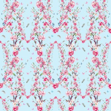 Watercolor seamless background with pink blooming branches