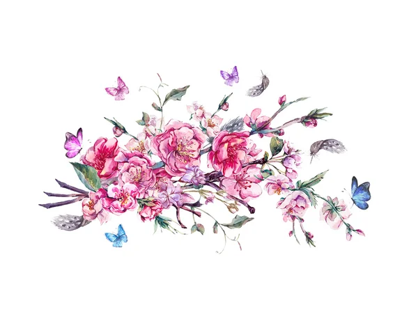 Вінтажний букет квітів з рожевими квітучими гілками вишні — стокове фото
