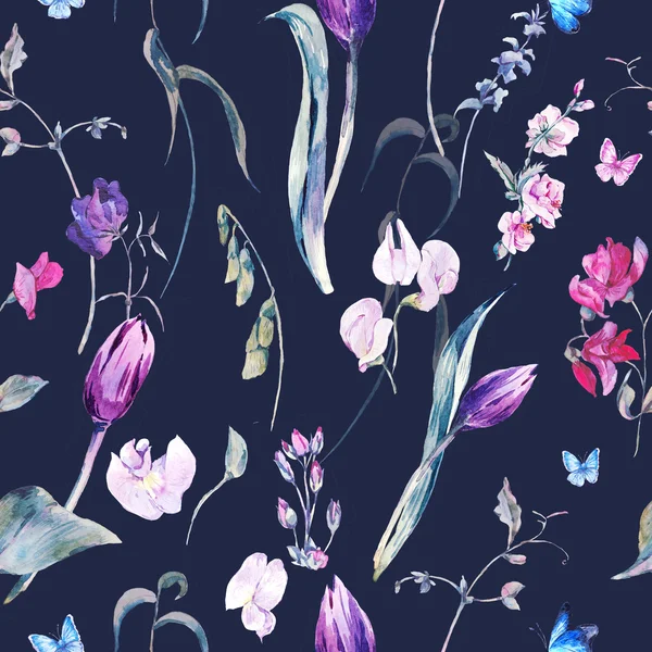 Aquarell Nahtlose Hintergrund mit süßen Erbsen, Tulpen — Stockfoto
