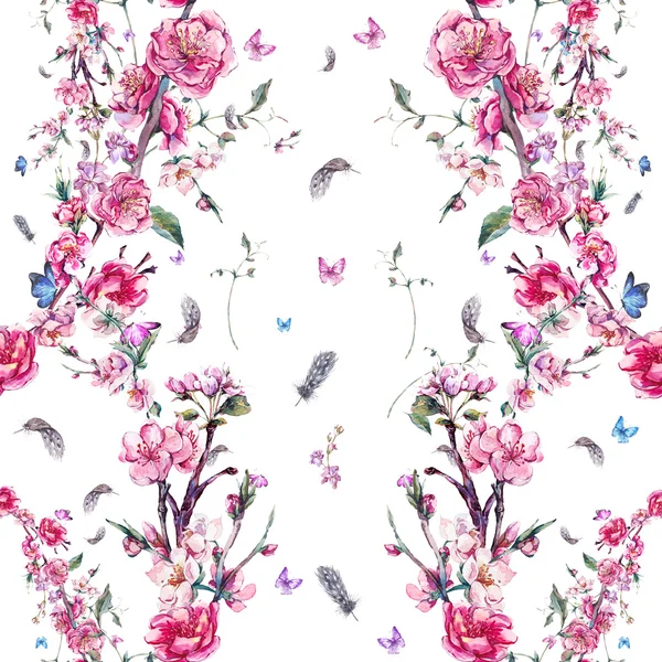 Акварельний безшовний фон з рожевими квітучими гілками — стокове фото