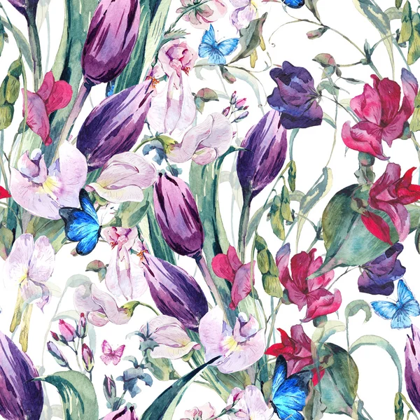 Watercolor Seamless Background with Sweet Peas, Tulips — Foto de Stock