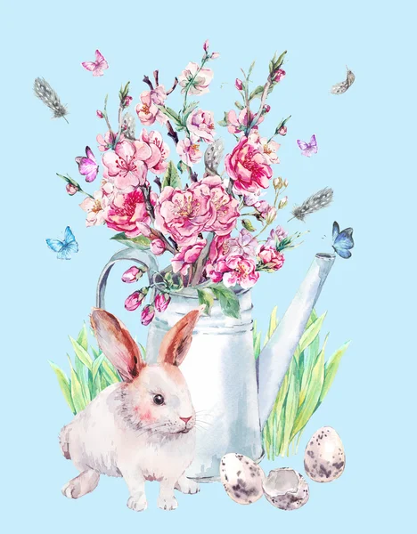 Watercolor spring greeting card with bunny — Zdjęcie stockowe