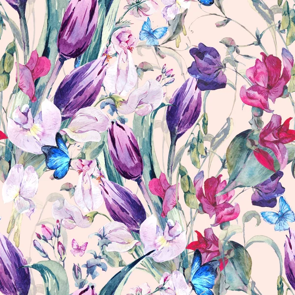Watercolor Seamless Background with Sweet Peas, Tulips — Stok fotoğraf