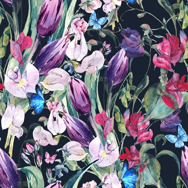 Watercolor Seamless Background with Sweet Peas, Tulips — ストック写真