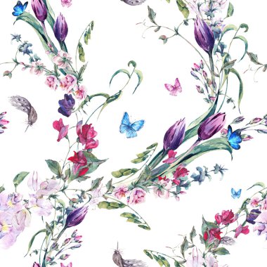 Watercolor Seamless Background with Sweet Peas, Tulips