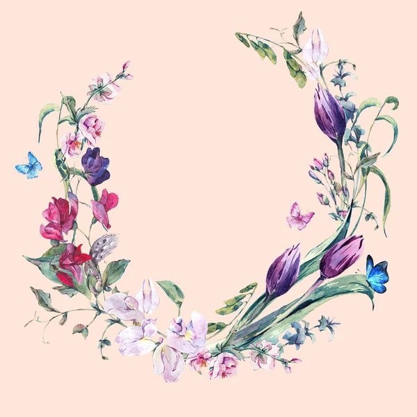 Vintage wreath with Sweet Peas, Tulips and Butterflies — 스톡 사진