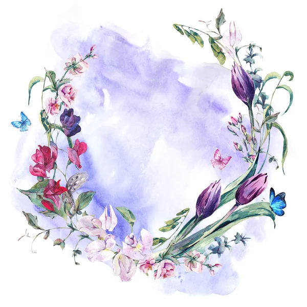 Vintage wreath with Sweet Peas, Tulips and Butterflies — Zdjęcie stockowe