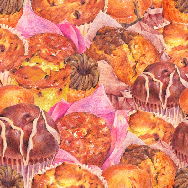 Hand drawn baking seamless background, muffins — Stok fotoğraf