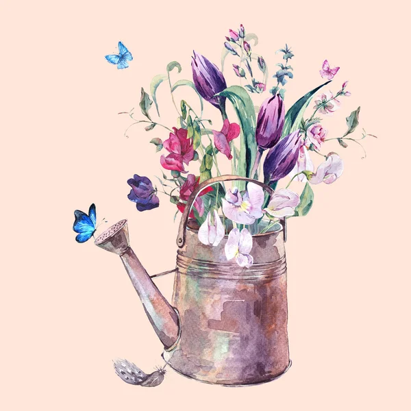 Vintage Sweet Peas, Tulips and Butterflies in the garden iron wa