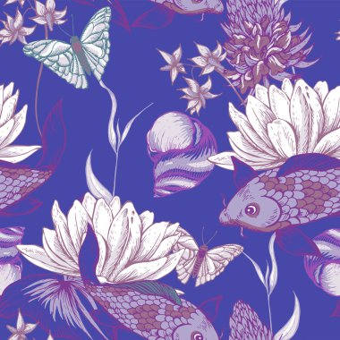 Vintage gölet su çiçekler Dikişsiz desen vektör