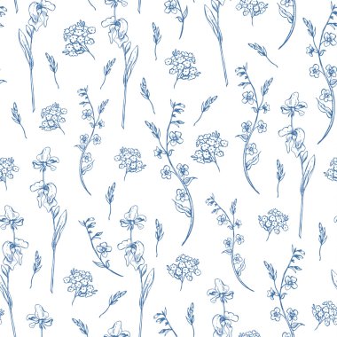 Monochrome wildflowers seamless pattern