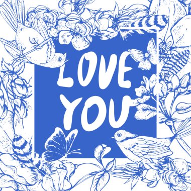 Mavi vintage Bahçe bahar tebrik kartı