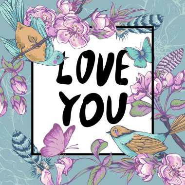 Vintage Bahçe bahar tebrik kartı, çiçek tasarım öğeleri