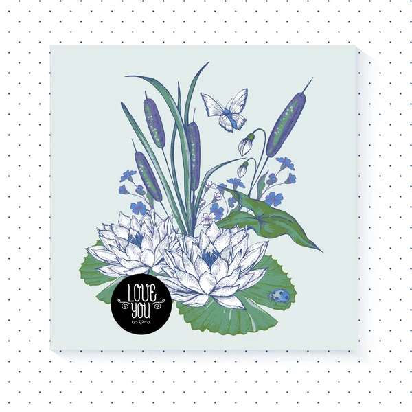 Vintage pond watery flowers vector greeting card — Stock Vector