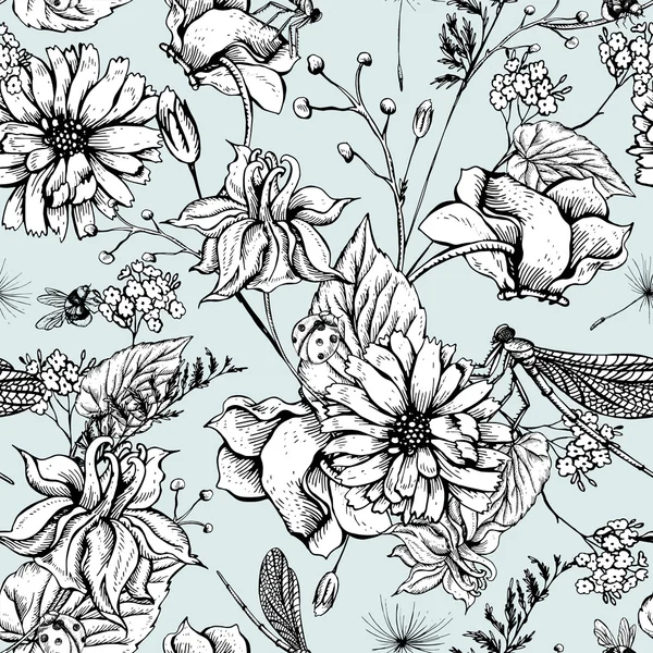 Vintage garden flowers vector seamless pattern — Stock Vector