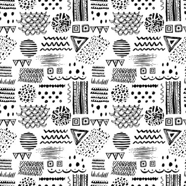 Abstract black and white seamless pattern with hand drawn ethnic motifs clipart
