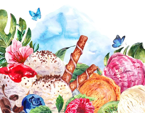 Natuurlijke eco voedsel achtergrond met ballen van consumptie-ijs — Stockfoto