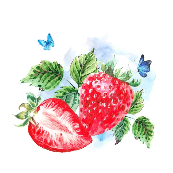 Kézi festés nyári akvarell eper — Stock Fotó