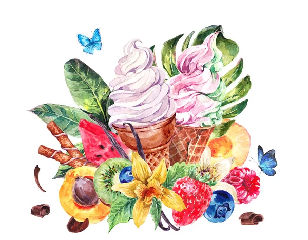 Watercolor background with soft Italian ice cream — Stock Photo, Image