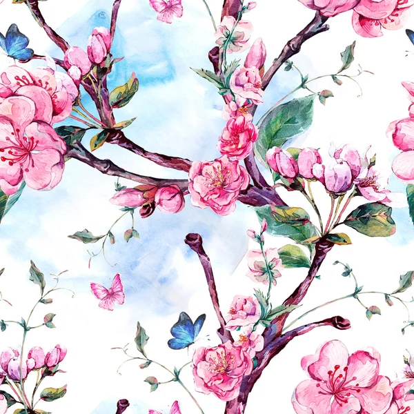 Aquarelle transparente motif avec des branches de fleurs abricotier — Photo
