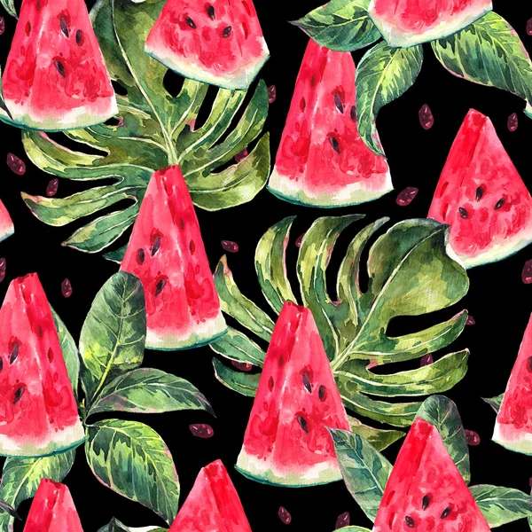 Aquarel naadloze patroon met plakjes van watermeloen — Stockfoto