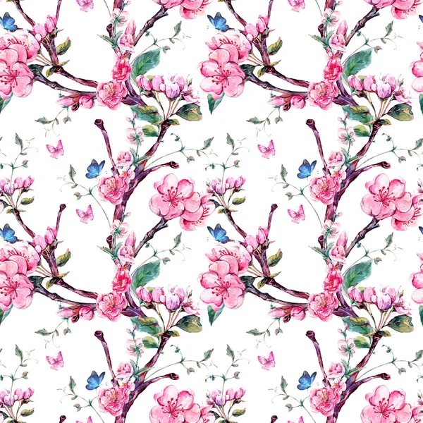 Watercolor seamless pattern with flowers apricot tree branches — Stock Photo, Image