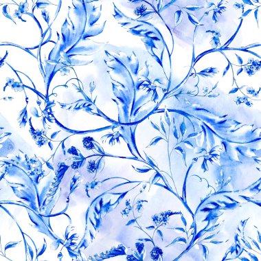 Blue watercolor flower seamless pattern