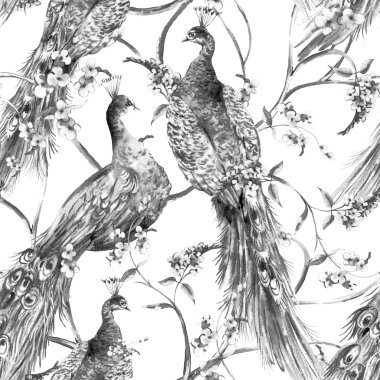 Black and white watercolor flower vintage seamless pattern with