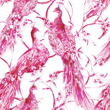 Blue watercolor flower vintage seamless pattern with peacocks