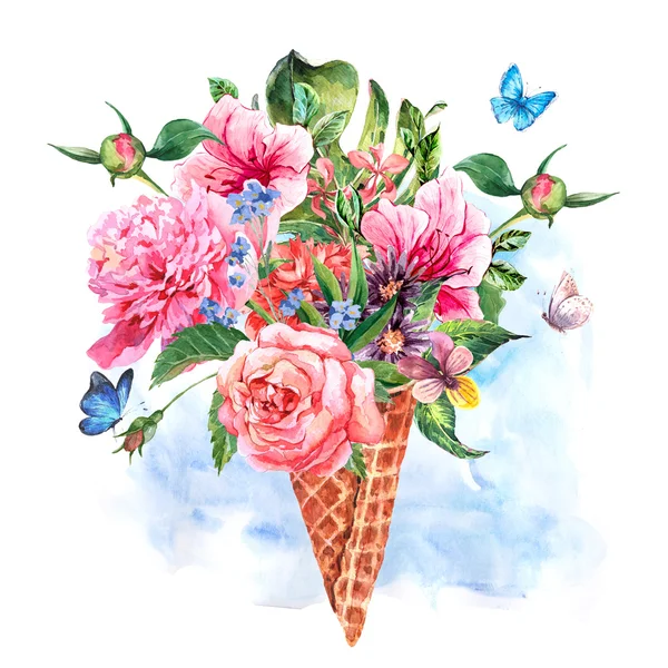 Summer hand drawing watercolor floral greeting card — Stockfoto
