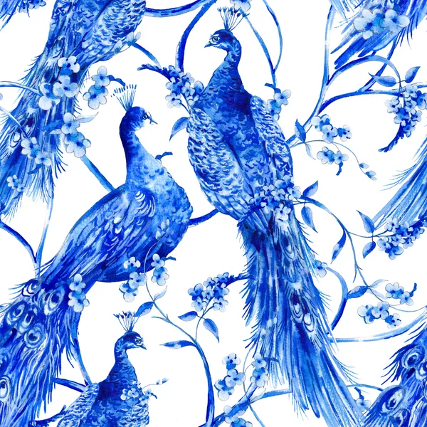 Blue watercolor flower vintage seamless pattern with peacocks — Stock Photo, Image