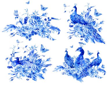 Set of isolated blue watercolor flowers and peacock