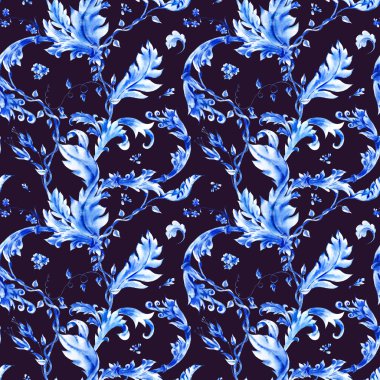 Blue watercolor flower vintage seamless pattern