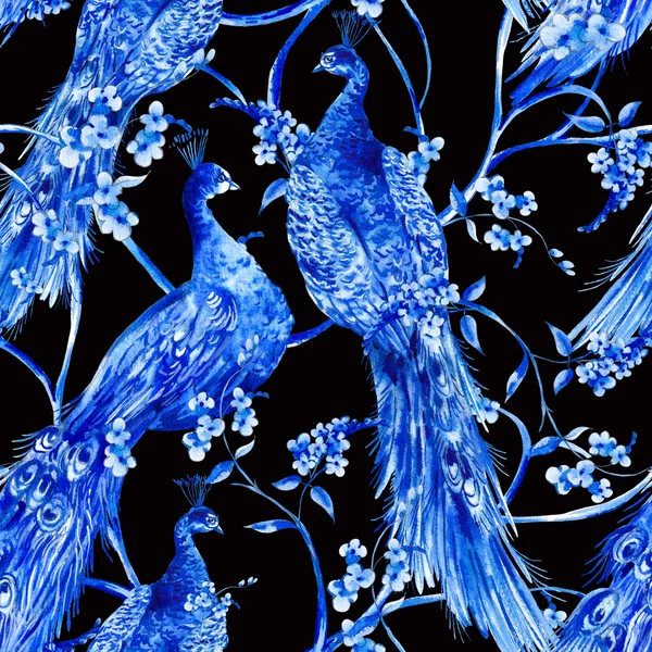 Blue watercolor flower vintage seamless pattern with peacocks — Stockfoto