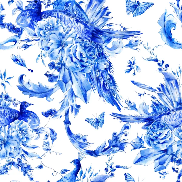 Урожай безшовний візерунок з синьою парою павичів — стокове фото