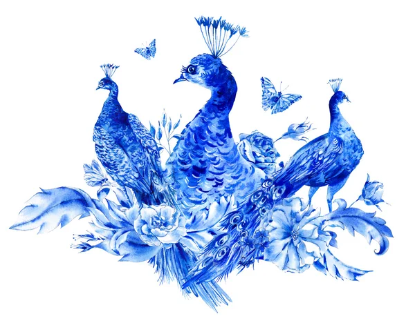 Vintage blue peacocks with watercolor roses —  Fotos de Stock