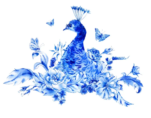 Vintage blue peacocks with watercolor roses — ストック写真