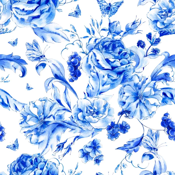 Vintage seamless pattern with blue watercolor roses — стоковое фото