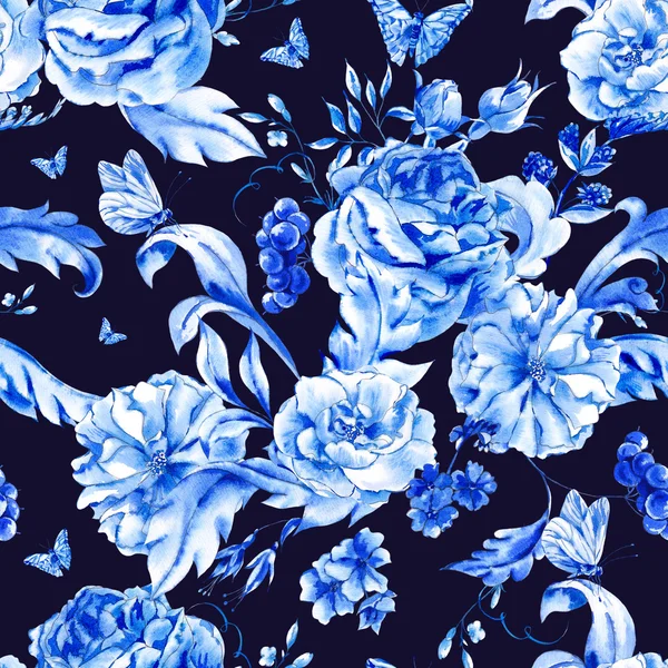 Vintage seamless pattern with blue watercolor roses — стоковое фото