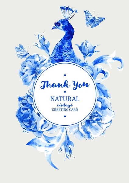 Yaz düğün davetiyesi yuvarlak çerçeve mavi tavus kuşu ile — Stok Vektör