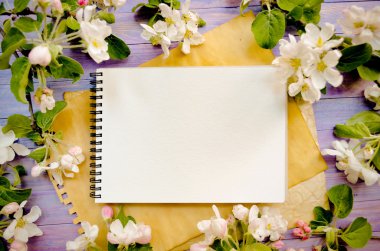 Blossoming apple tree on a wooden background, Blank template