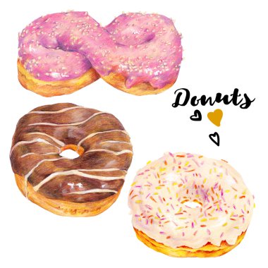Hand drawn set of delicious glazed donuts
