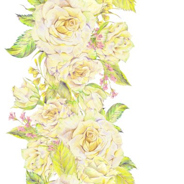 Floral hand drawn seamless border with bouquet of white roses