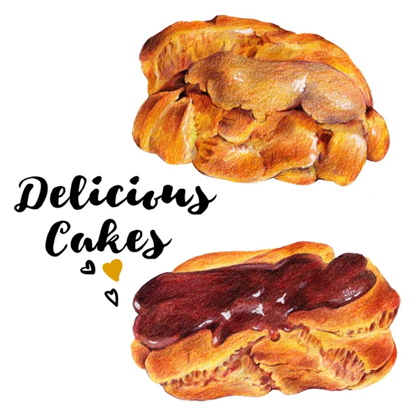 Hand drawn set of cakes eclairs — 图库照片