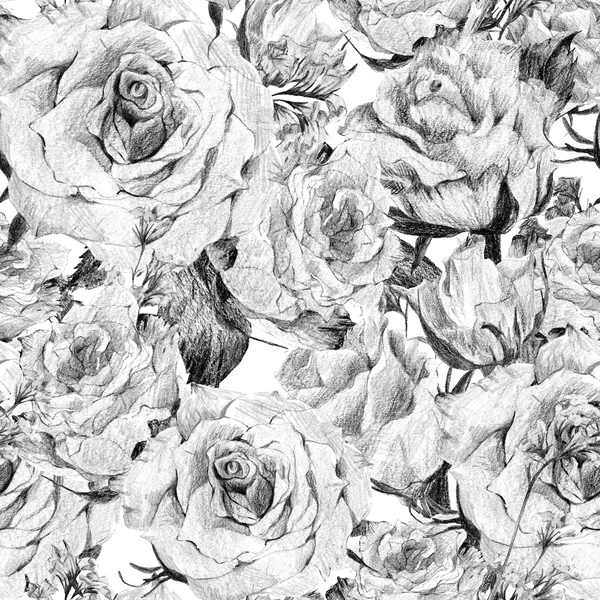 Floral monochrome seamless background with white roses — Stockfoto