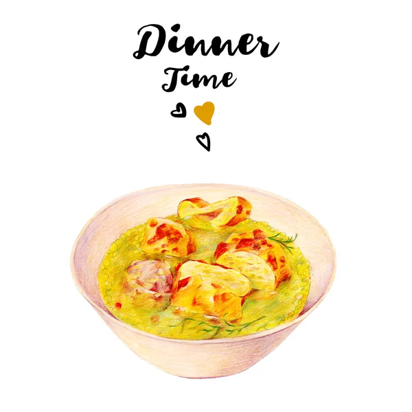 Hand drawn homemade soup with meatballs and croutons — 스톡 사진